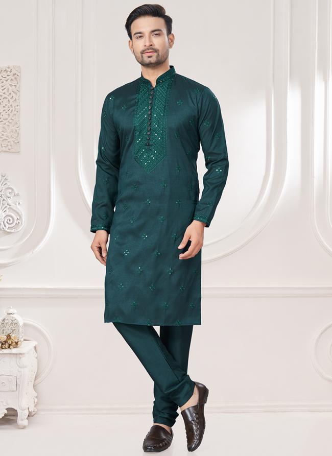 Pure Silk Green Traditional Wear Embroidery Work Readymade Kurta Pajama